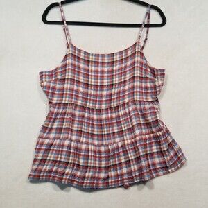 American Eagle L Top Tank Peplum Red Plaid Square Neck Preppy Cottagecore  BOHO